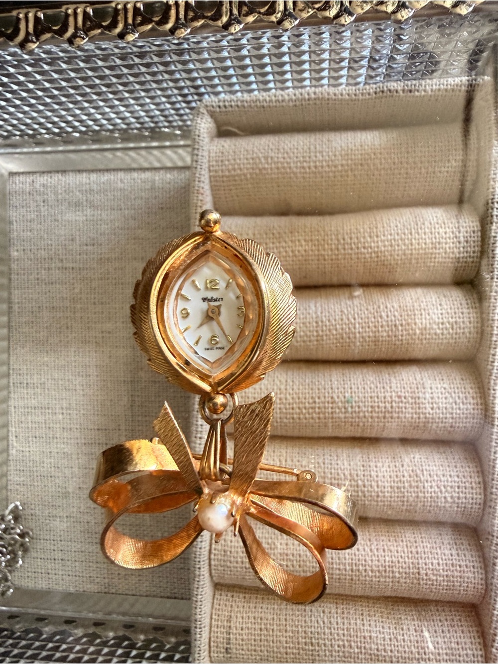 Vintage Webster Gold Tone Watch Brooch with Pearl Accent - Women's Jewelry
